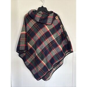 Poncho Blue,Green,Red,Tan Plaid With Big Buttons And Oversized Lapels One Size